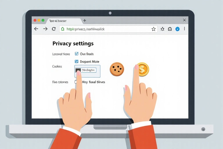 Osoba zarządzająca ustawieniami prywatności w przeglądarce, z ikonami plików cookie i tarczą ochronną.